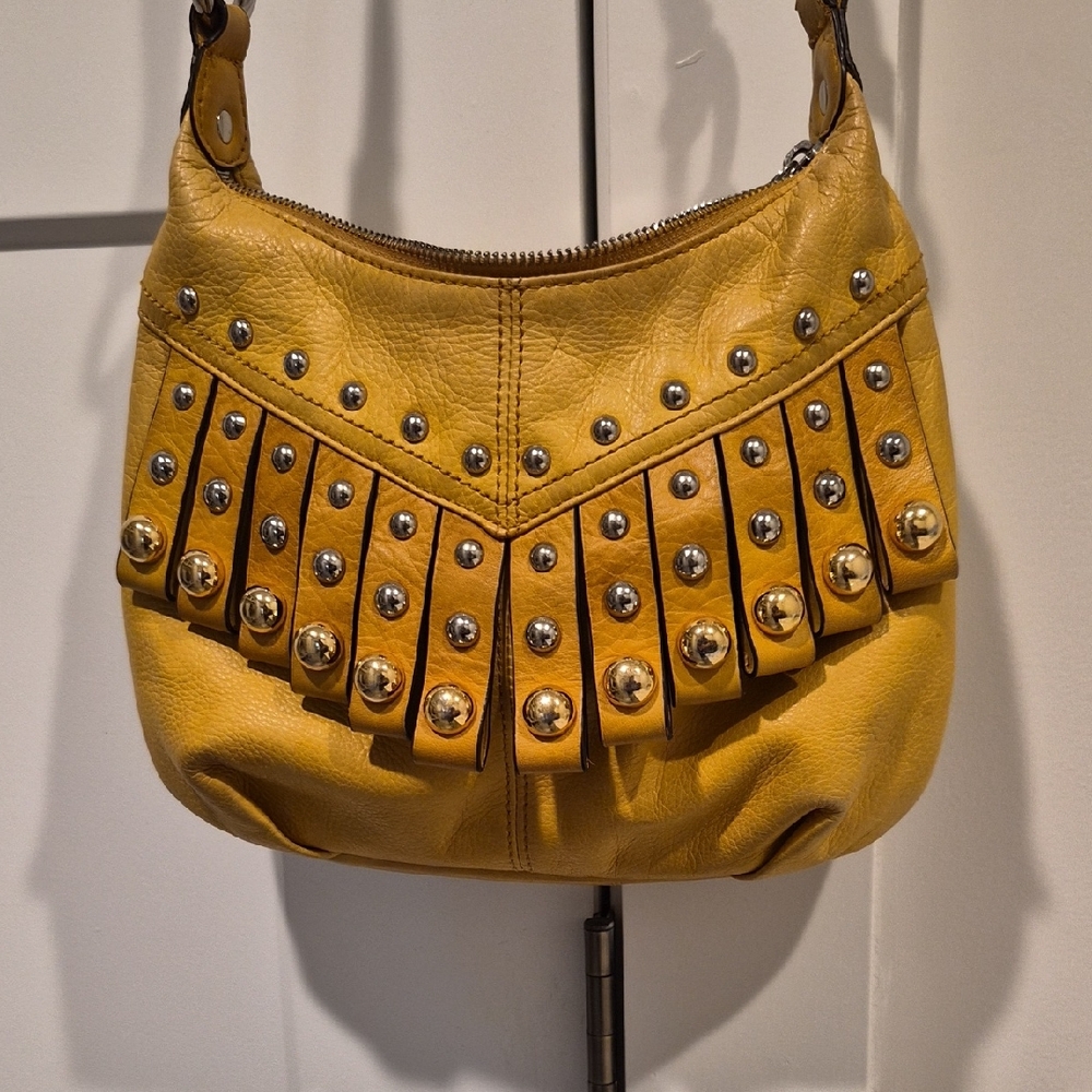 Yellow Stud-Accent Leather Shoulder Bag By B Makowsky In Mustard